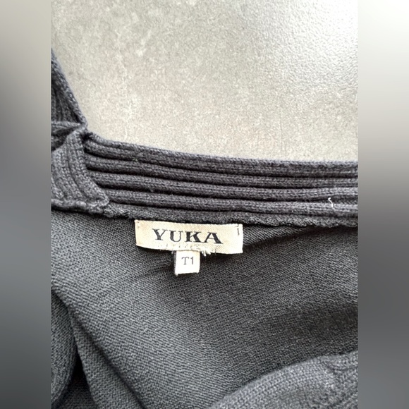 Yuca Paris Women’s Midi Stretchy Knit Black V Neck Bodycon Dress Puff Sleeves S - Picture 2 of 10